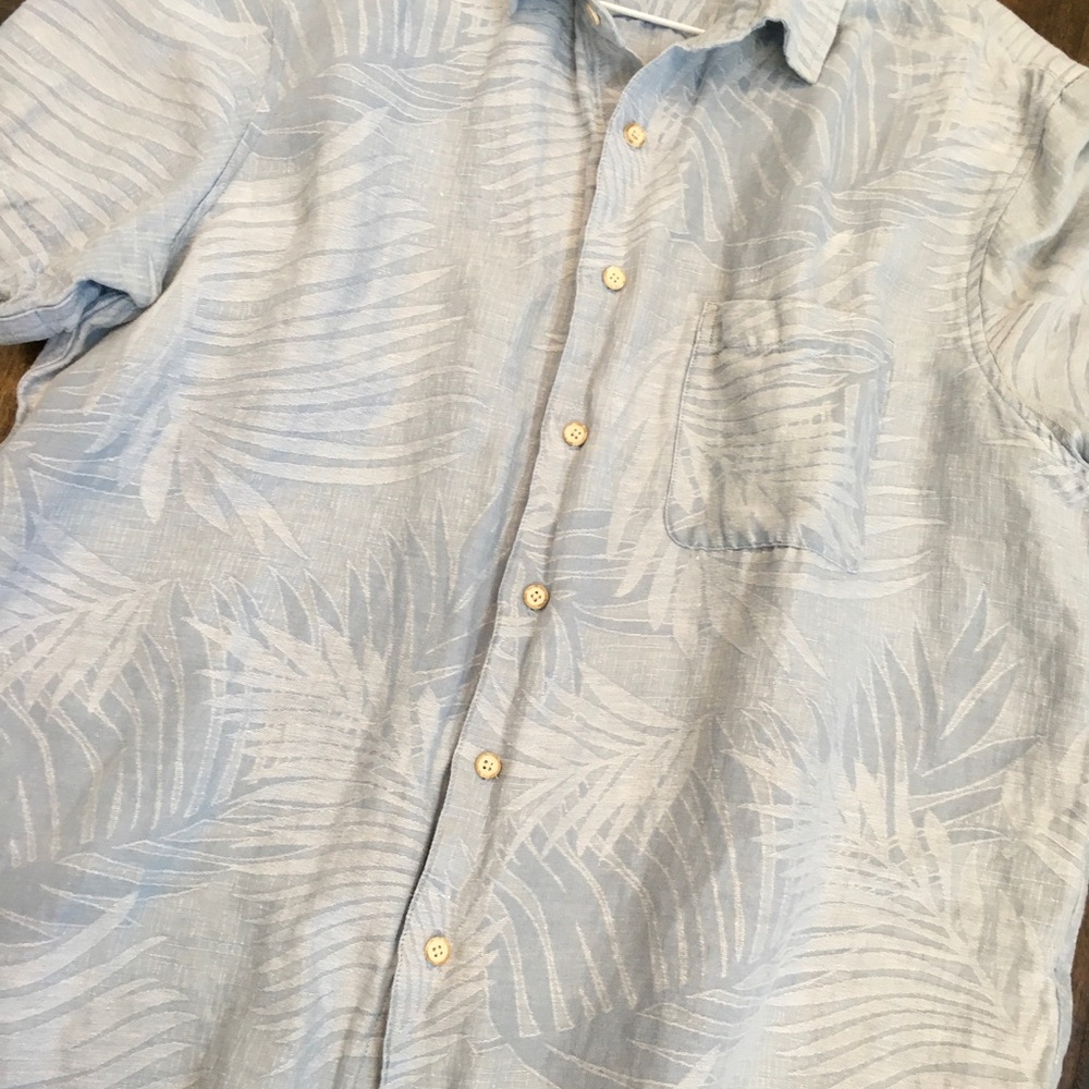 Men’s Tasso Elba XL Button Summer Light Blue Palm Shirt Silk Linen